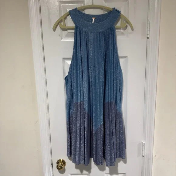 Free People Metallic Pleated Halter Dress Blue Size Large - Picture 8 of 8